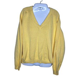 Lands End V Neck Sweater Yellow Womens Sz 14-16 Reg Pullover All Cotton USA Made
